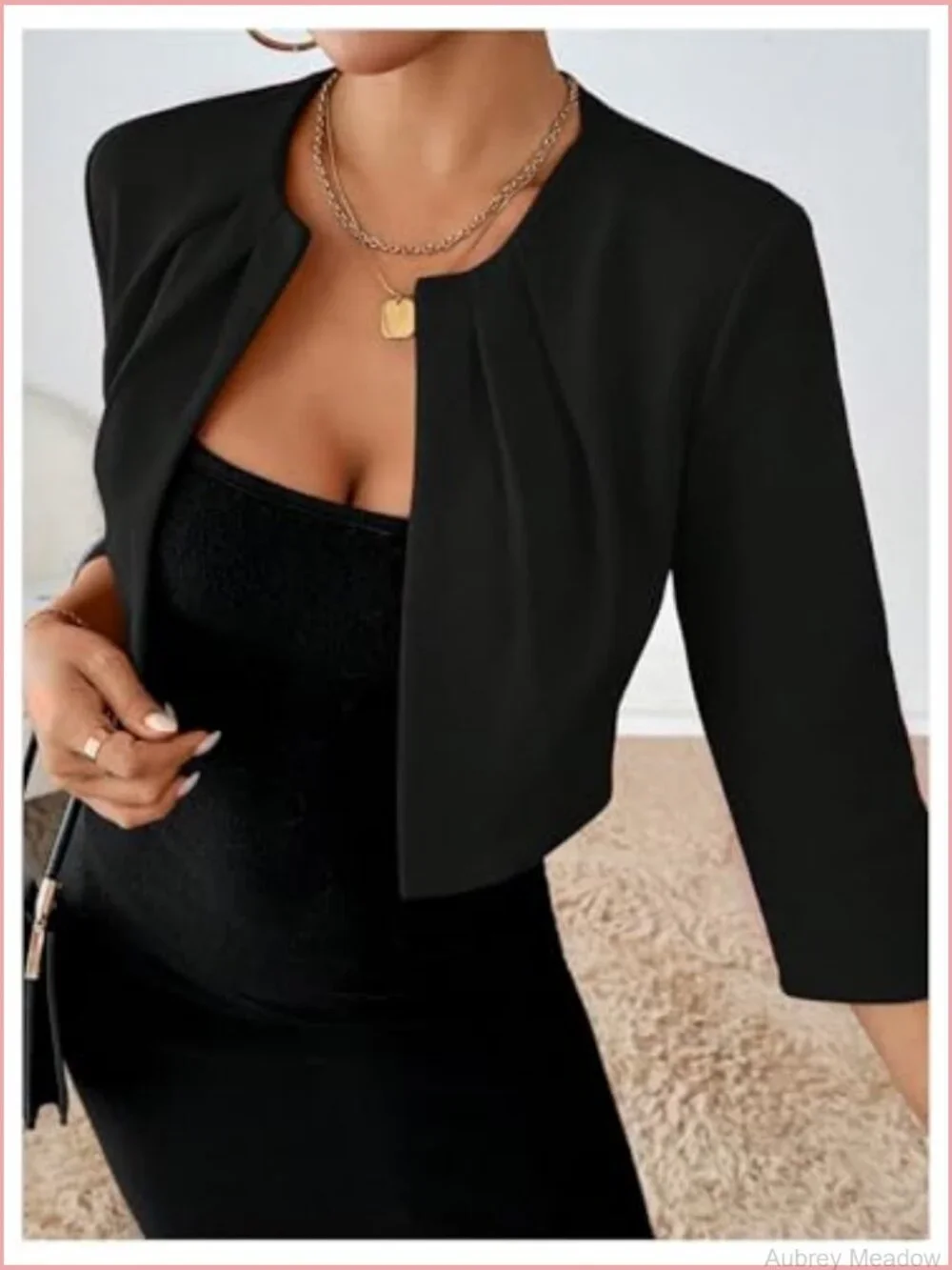 Open Front 3/4 Sleeve Pleated Crop Blazer Jacket Stretch Knit Womens Work Office